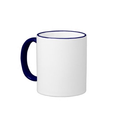 white and blue mug letters "i love hot chocolate" in black. simple and funny 