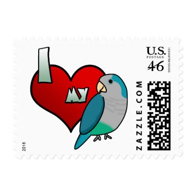 I Love my Blue Quaker Parakeet Postage Stamps by MenagerieMayhem