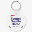 round_keychain - Show the world how much you love your Spotted Saddle Horse (and that the feeling is mutual!). With a heart and two horseshoes, the words read 'I love my Spotted Saddle Horse and he loves me'. This design is specifically for a male horse (he), we also have variants available for a female horse (she) or multiple horses (they). A perfect gift for yourself or the Spotted Saddle Horse lover in your life, this design is available on a variety of gift and apparel items!