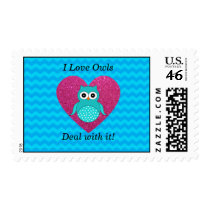I love owls deal with it blue chevrons postage stamp