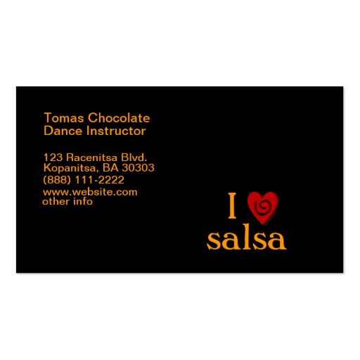 I Love Salsa Swirl Heart Latin Dancing Custom Business Cards (back side)