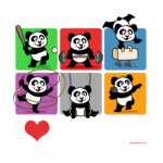 These six cute pandas are playing lots of different sports. There's a baseball panda, weightlifting panda, pommel horse panda, rhythmic gymnastics panda, rings panda and shot put panda. This makes a perfect gift for sports fanatics. Great for everyone who loves cute pandas and sport.