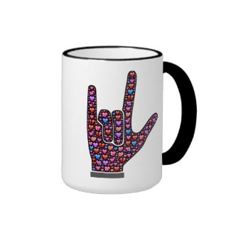 I Love You hand signs filled with emoji hearts Ringer Coffee Mug