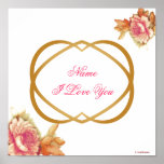 I Love You Hot Pink Roses Brass Hearts Poster