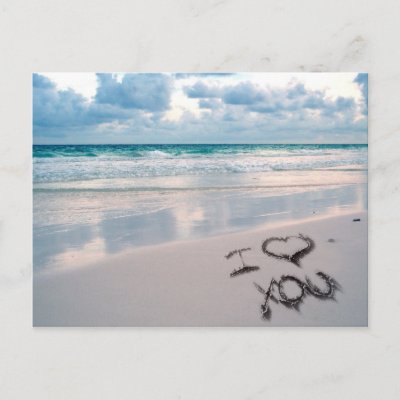 I Love You Beach Sunset RSVP, Save Date Postcard Say I Love You in the sand.