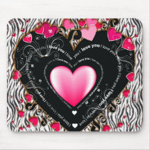 I Love You Valentine Hearts & Zebra Stripes Mousepads