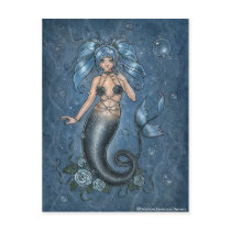 miss, you, blue, anime, manga, gothic, goth, sad, emo, flower, lowbrow, low, brow, mermaid, mer, maid, sea, creature, siren, victorian, cute, pigtail, bubble, bubbles, underwater, under, water, art, fantasy, fairy, painting, fae, faeries, elf, elves, rococo, zerick, dark, delphine, levesque, Postcard with custom graphic design