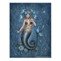 miss, you, blue, anime, manga, gothic, goth, sad, emo, flower, lowbrow, low, brow, mermaid, mer, maid, sea, creature, siren, victorian, cute, pigtail, bubble, bubbles, underwater, under, water, art, fantasy, fairy, painting, fae, faeries, elf, elves, rococo, zerick, dark, delphine, levesque, Postcard with custom graphic design