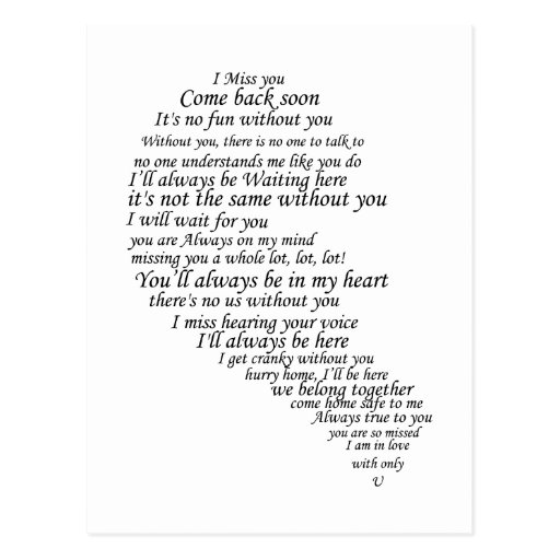 I Miss You  Text in Half of Heart Postcards