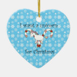 I want a unicorn for christmas candy canes blue ornament