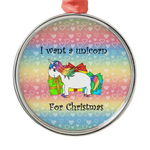 I want a unicorn for Christmas on rainbow hearts Christmas Tree Ornament