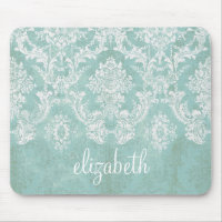 Ice Blue Vintage Damask Pattern with Grungy Finish Mouse Pad