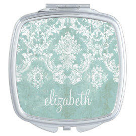 Ice Blue Vintage Damask Pattern with Grungy Finish Compact Mirrors
