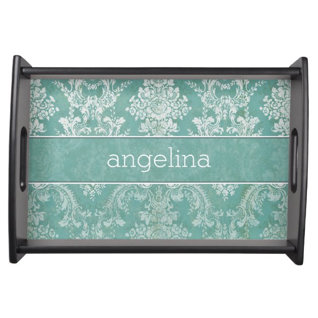 Ice Blue Vintage Damask Pattern with Grungy Finish Serving Tray
