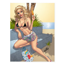 woman, girl, bikini, blond, black, string, shopping, beach, sand, surf, ocean, female, Postkort med brugerdefineret grafisk design