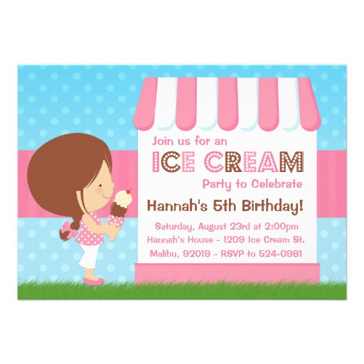 Ice Cream Birthday Party Brown Hair Custom Announcements