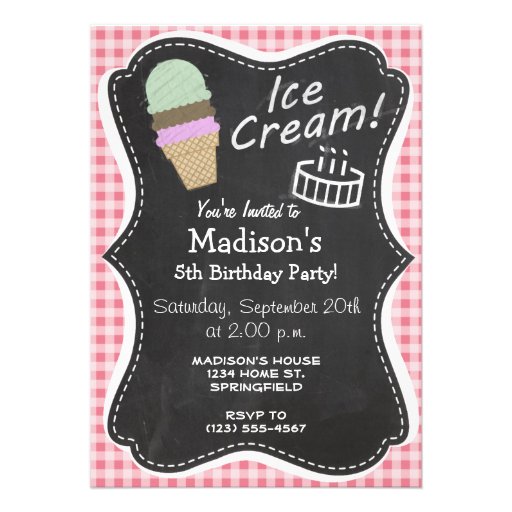 Ice Cream Cone on Blush Pink Gingham Personalized Invitations