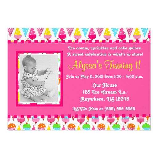 Ice Cream Cone Pink Girl Photo Birthday Invitation