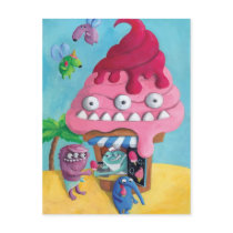 artsprojekt, cartoon beach, cartoon ice cream, cartoon ice cream booth, monster ice cream, monster ice cream booth, cartoon monster ice cream, eating ice cream on beach, eating ice cream, summer ice cream, monster summer, monster holidays, monster, ice cream, summer, sunny monster, Postcard with custom graphic design