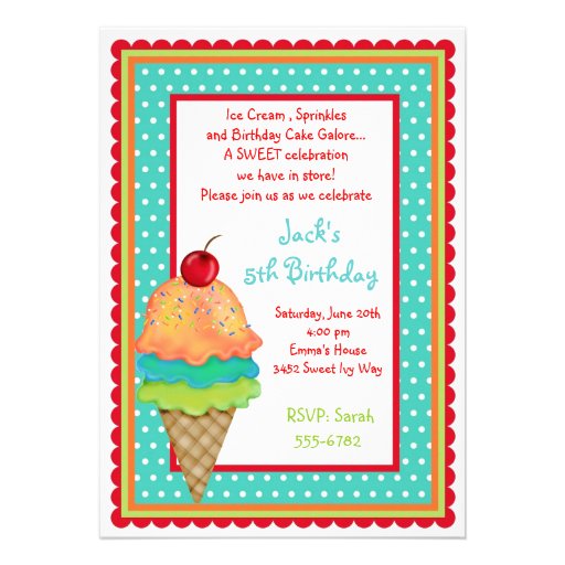 Ice Cream Treats Birthday  Boy Invitations