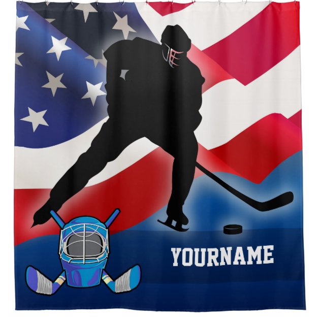 Ice Hockey Player Silhouette with American US Flag Shower Curtain