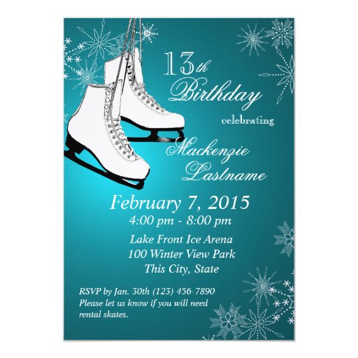 Ice Skates and Snowflakes Teal Birthday Personalized Invite (front side)