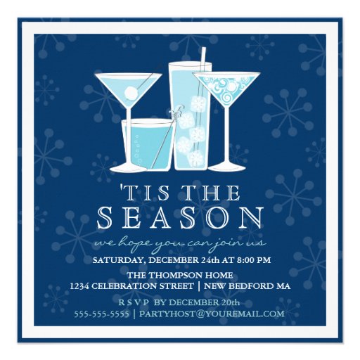 Icy Blue Holiday Snowflakes and Cocktail Party Personalized Announcements