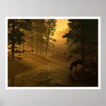 nature, deer, forest, morning, digital, river, golden, animal posters, digital art posters, digital realism, Poster with custom graphic design