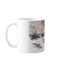 Idyllic Country Winter Scene with Pink Sunset mugs by pinkalmond Idyllic Country Winter Scene with Pink Sunset mugs