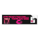 standard_bumpersticker - a black and hotpink bumper sticker that says if my musics too loud your too old!!! with rock on skull lips and music graphics
