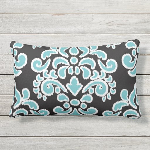 Ikat Floral Damask Turquoise and Black Outdoor Pillow Zazzle
