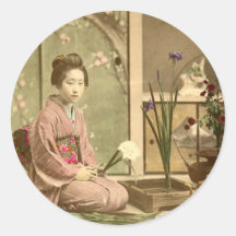 Ikebana - Beautiful Kimono Girls Arranging Flowers Round Stickers