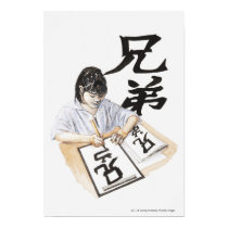 Illustration of girl writing large Chinese script posters