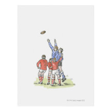 Illustration of men playing rugby jumping in air postcard