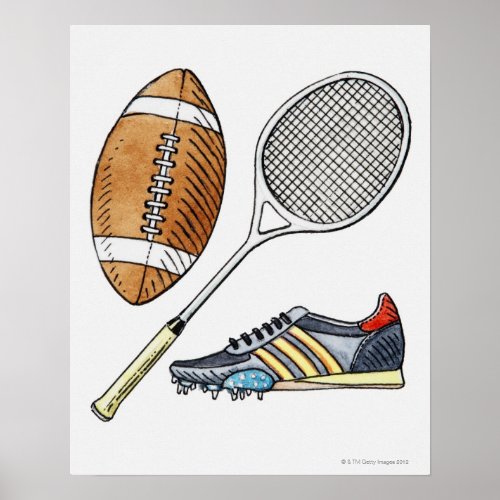 Illustration of rugby ball, tennis racquet, poster