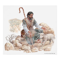 Illustration of shepherd finding his lost sheep posters