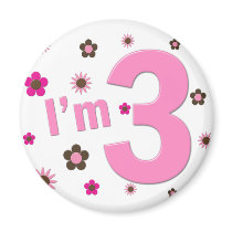 "I'm 3" Pink & Brown Flowers Fridge Magnet