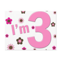 "I'm 3" Pink & Brown Flowers Post Card