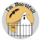round_sticker - Halloween ghost design T-shirts, hoodies, sweatshirts, tank tops, bodysuits, mugs, cards, stickers, trick or treat bags, and more with a ghost design and text that reads Im Boo-tiful!: Sizes 