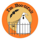 round_sticker - Halloween ghost design T-shirts, hoodies, sweatshirts, tank tops, bodysuits, mugs, cards, stickers, trick or treat bags, and more with a ghost design and text that reads Im Boo-tiful!: Sizes 