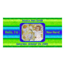 I'm New Here! Green/Blue Striped Baby Photo Card
