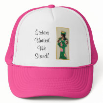 Image of female in green, pink, gold attire on cap hats