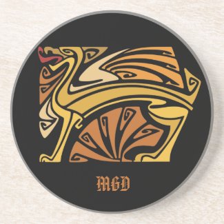 Art nouveau golden dragon with monogram beverage coaster