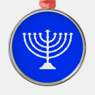 White Menorah on Blue Background Ornament