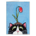 Tuxedo Cat with Tulip on Head - Cat Art Card
