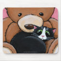 Tuxedo Cat and Big Teddy Bear | Cat Art Mousepad