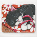 Happy Tuxedo Cat Asleep on Flip Flops Mousepad