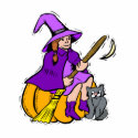 Little witch on pumpkin with kitten