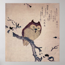 Impresión sonriente linda del japonés del búho posters