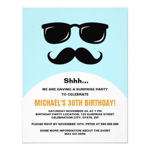 Incognito blue and orange surprise party invite